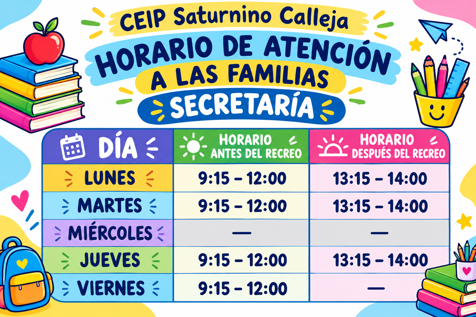 Horario de secretaría 2026-2027
